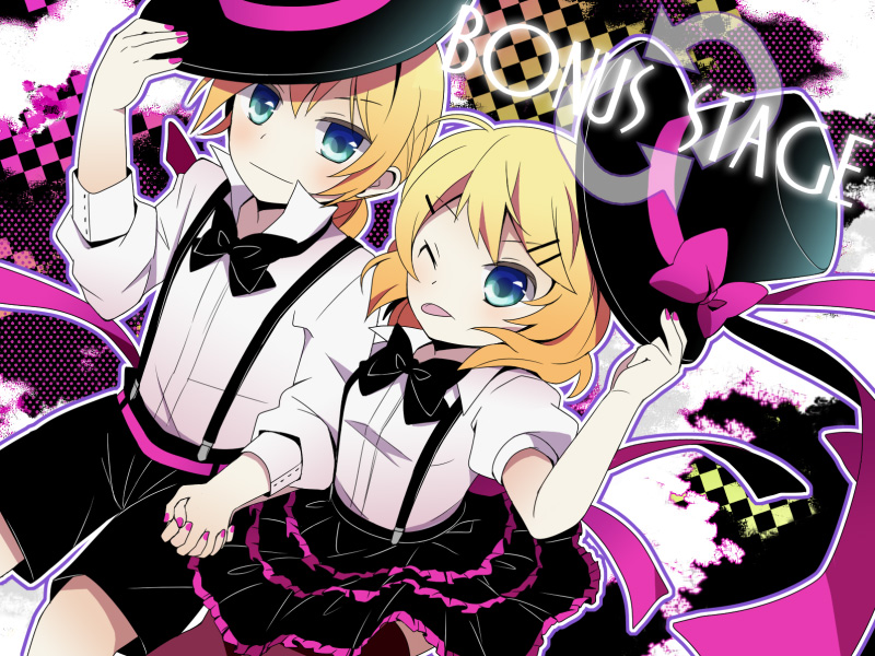 blonde_hair, blue_eyes, bonus_stage_(vocaloid), choco_cookie, hair_ornament, hairclip, hat, kagamine_len