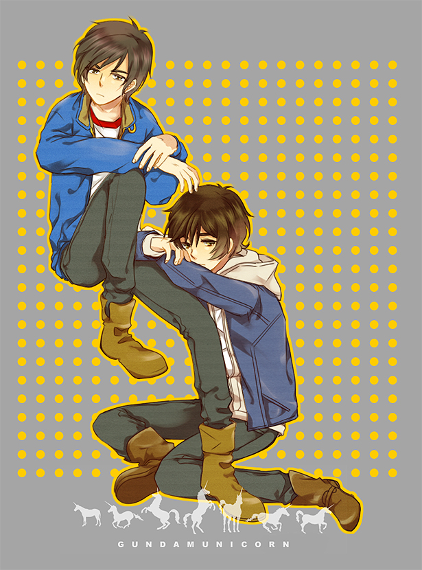 banagher_links, boots, brown_eyes, brown_hair, dual_persona, gundam, gundam_unicorn, hoodie