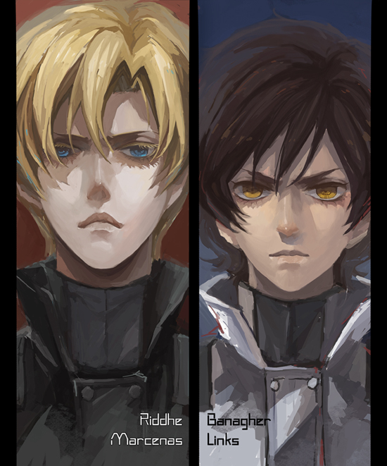 banagher_links, blonde_hair, blue_eyes, brown_eyes, brown_hair, character_name, gundam, gundam_unicorn
