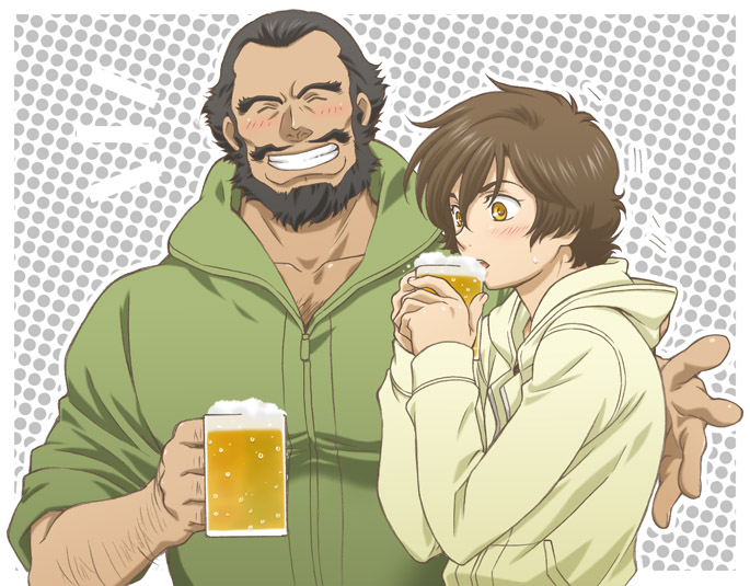 banagher_links, beard, beer, black_hair, blush, brown_hair, drinking, drunk