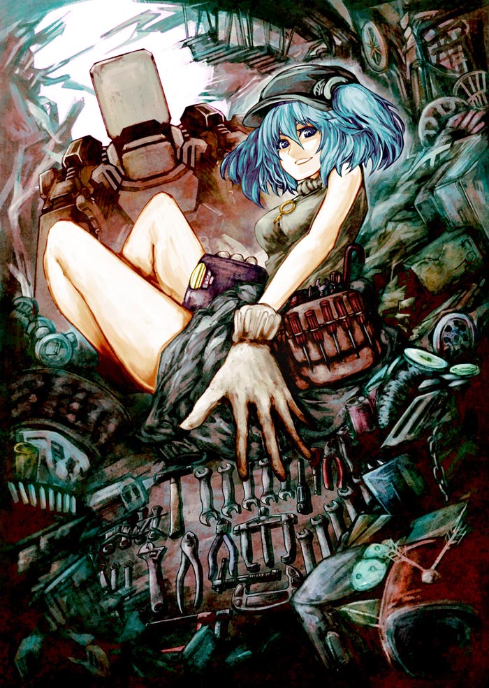 akasia, blue_eyes, blue_hair, breasts, gloves, hair_bobbles, hair_ornament, hammer