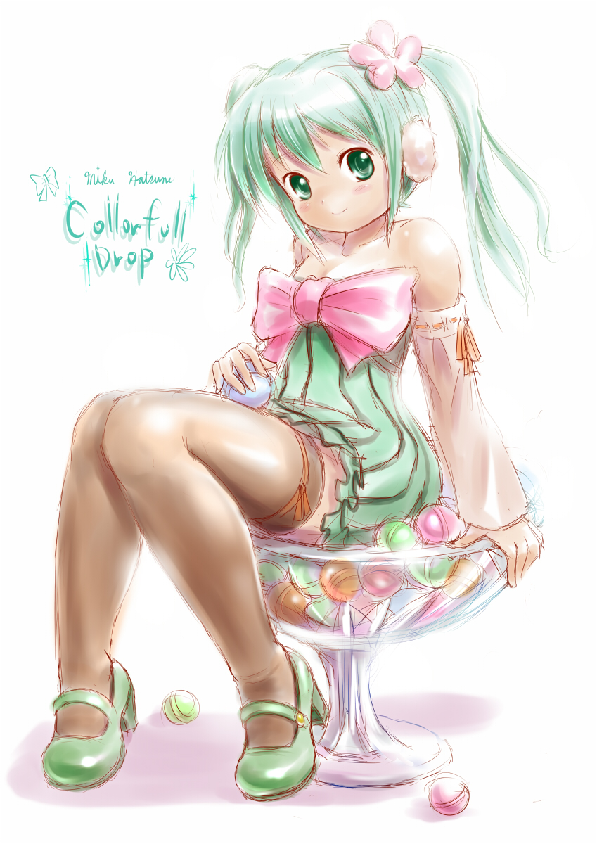 1girl, bare_shoulders, colorful_x_melody_(vocaloid), dress, earmuffs, green_eyes, green_hair, hatsune_miku