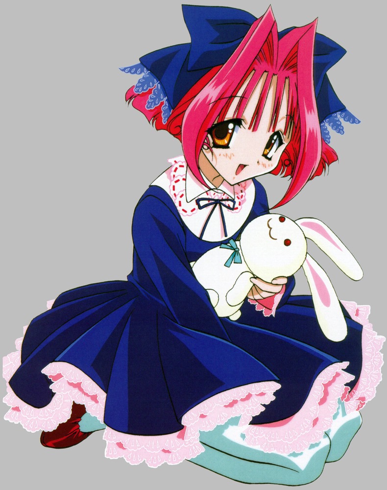 1girl, blue_dress, bow, brown_eyes, dress, grey_background, hair_intakes, hair_ribbon