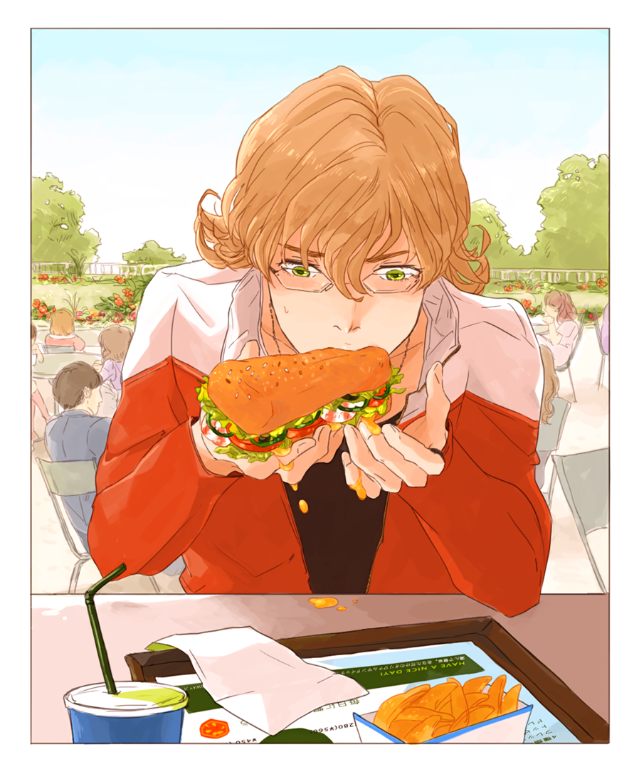 barnaby_brooks_jr, blonde_hair, eating, erika_(sakana0529), french_fries, glasses, green_eyes, jacket