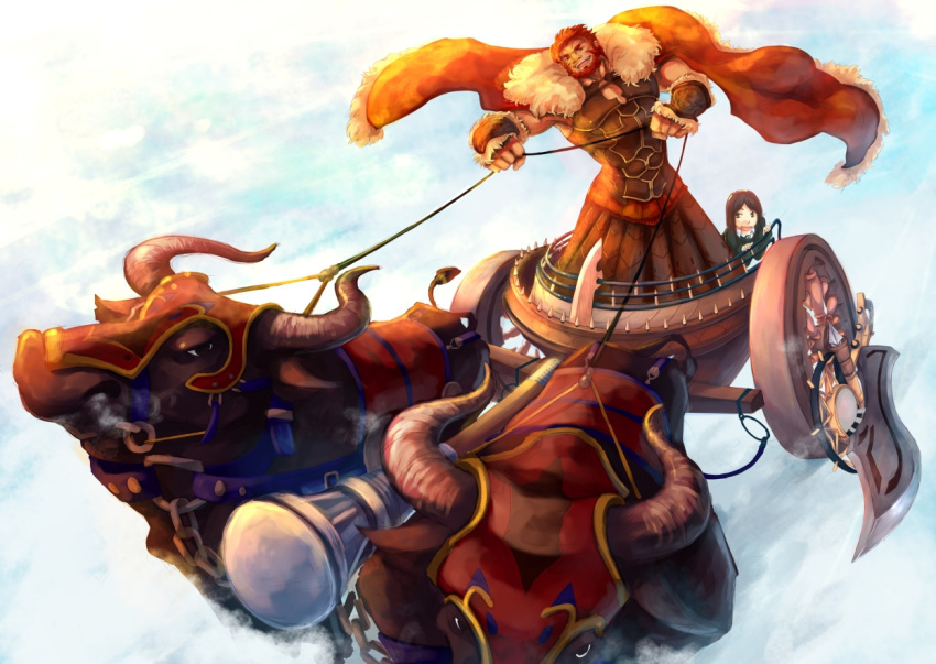armor, beard, black_hair, bull, cape, chain, chariot, facial_hair