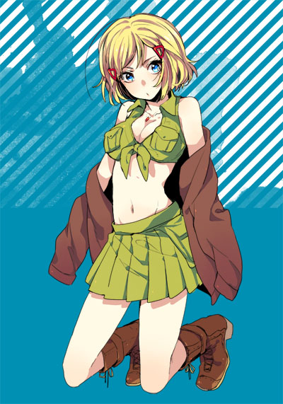 america_(hetalia), axis_powers_hetalia, bangs, bare_shoulders, blonde_hair, blue_eyes, blush, boots, breasts, cleavage, front-tie_top, genderswap, hair_ornament, hairclip, jacket, jacket_down, jacket_on_shoulders, kneeling, ksuga, lowres, midriff, navel, off_shoulder, pleated_skirt, short_hair, skirt, sleeveless, solo, swept_bangs