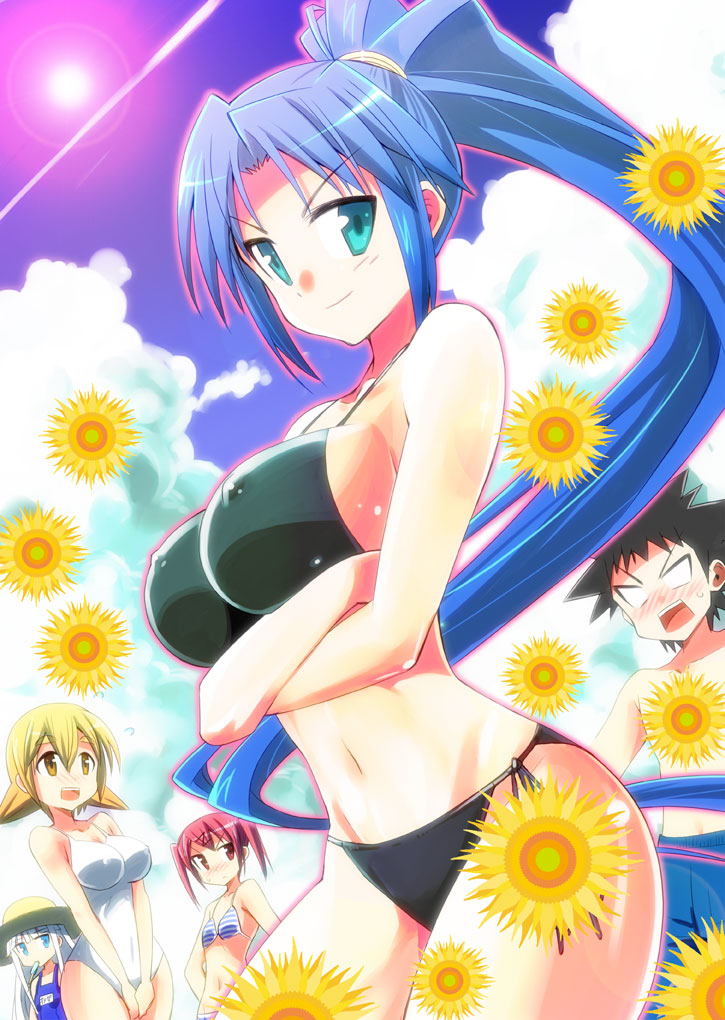 black_bikini, blue_eyes, blue_hair, blush, breast_envy, breast_hold, breasts, character_request