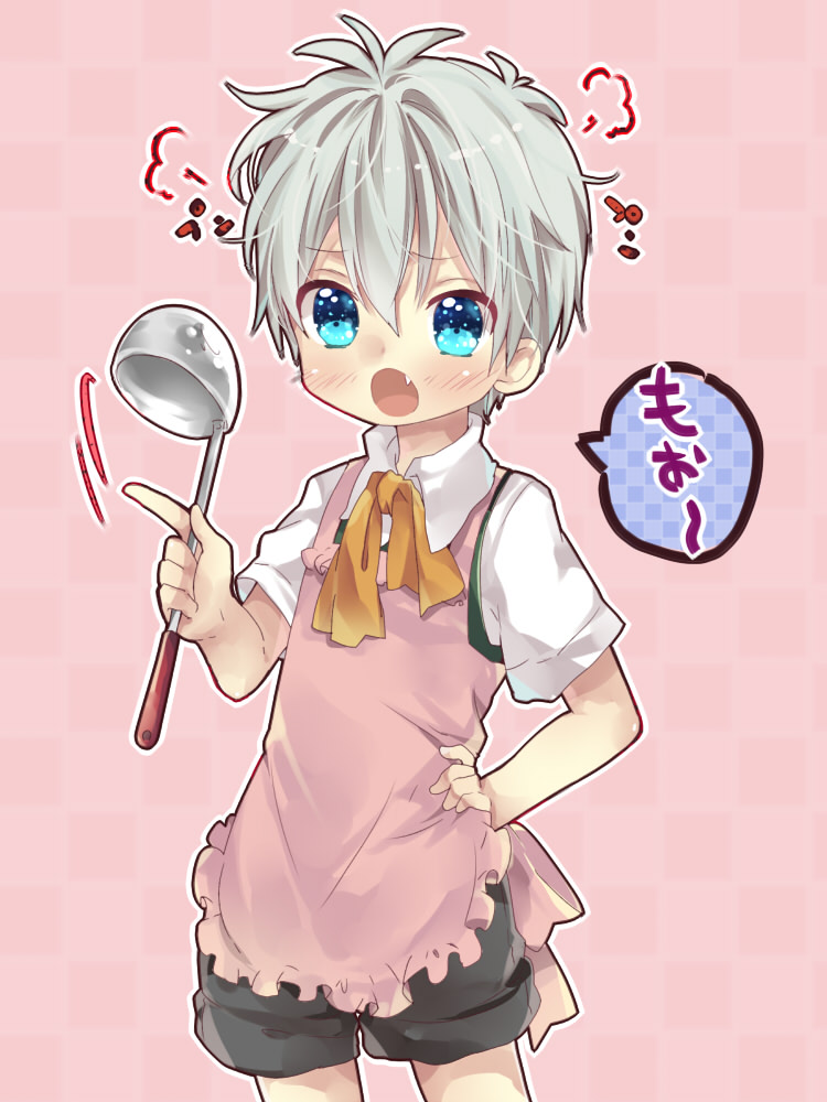 30-sai_no_hoken_taiiku, apron, bad_id, blue_eyes, blush, fang, grey_hair, hyerry, ladle, macaron_(30-sai_no_hoken_taiiku), male, open_mouth, ribbon, short_hair, shorts, solo, touyama_soboro