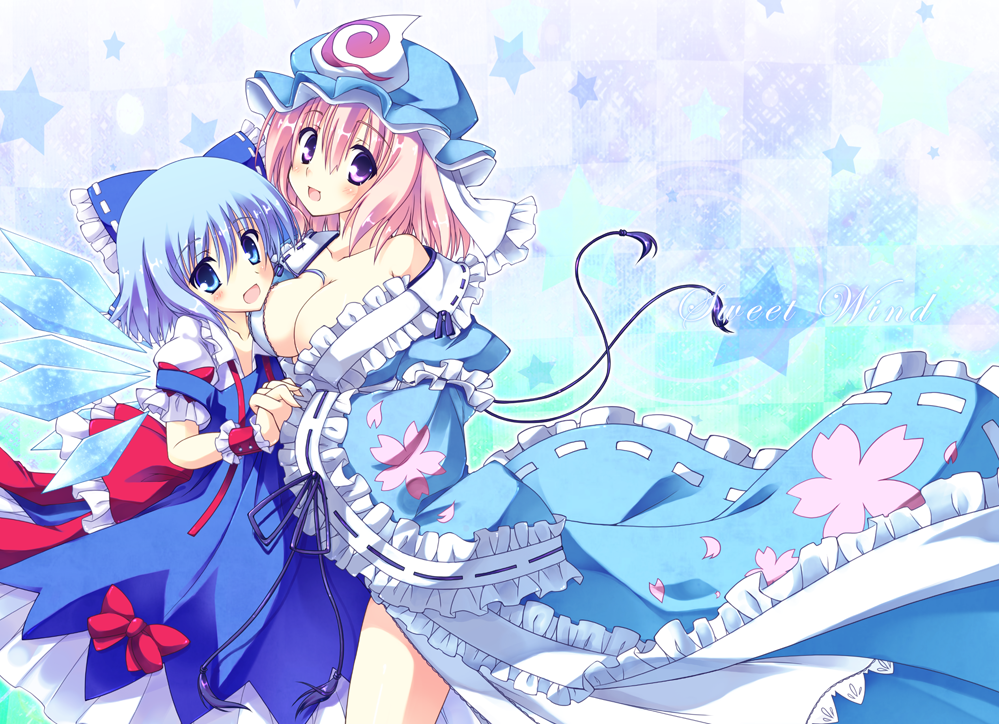 bad_id, blue_eyes, blue_hair, blush, bow, breasts, cirno, dress
