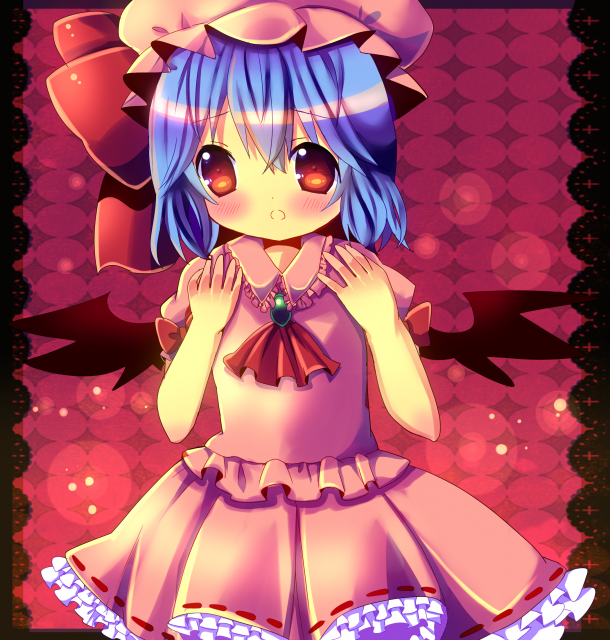 arms_up, ascot, bat_wings, blue_hair, blush, brooch, chocolat_(momoiro_piano), hat