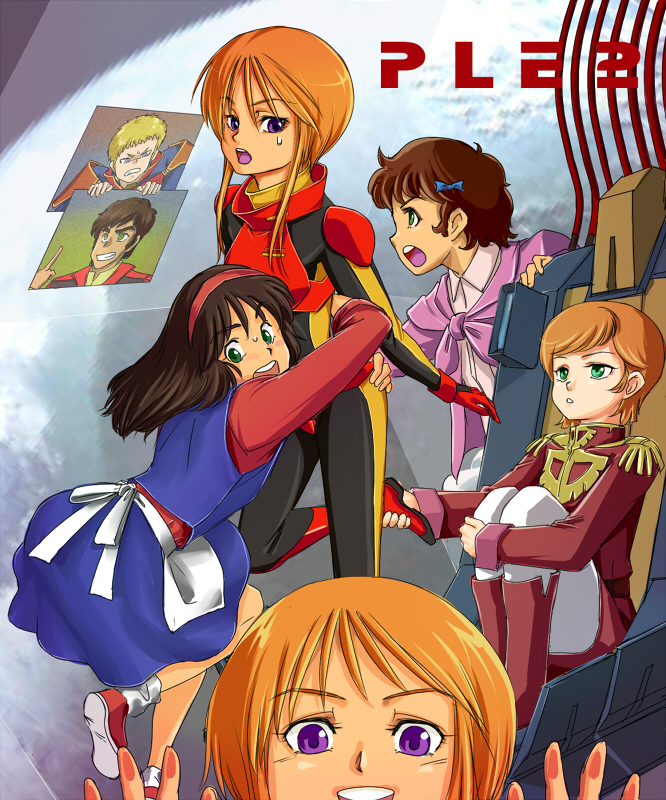 against_glass, blonde_hair, bow, brown_hair, cockpit, elpeo_puru, ezu, foot_hold