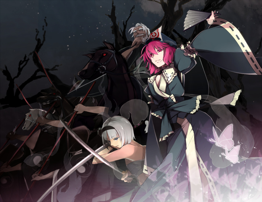 6+boys, arm_up, beard, blue_eyes, bow, bow_(weapon), breasts, butterfly, dress, dual_wielding, facial_hair, fan, fighting_stance, fk, folding_fan, hair_ribbon, hairband, hat, highres, hitodama, holding, horse, horseback_riding, japanese_clothes, katana, konpaku_youki, konpaku_youmu, konpaku_youmu_(ghost), multiple_boys, multiple_girls, mustache, night, night_sky, old_man, open_mouth, pink_eyes, pink_hair, polearm, red_eyes, ribbon, saigyouji_yuyuko, sarashi, short_hair, silver_hair, sky, smile, soldiers, straw_hat, sword, tanto, touhou, tree, triangular_headpiece, weapon