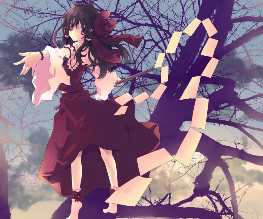 bad_id, bobby_socks, bow, brown_hair, detached_sleeves, footwear, gohei, hair_bow