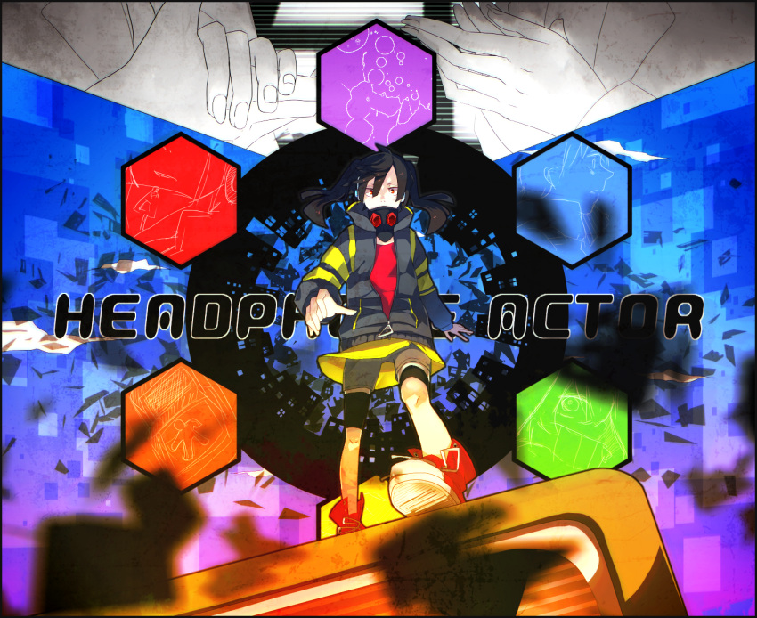 bike_shorts, black_hair, ene_(kagerou_project), gas_mask, headphone_actor_(vocaloid), hexagon, highres, long_hair, pichoko, red_eyes, shoes, skirt, solo, twintails, vocaloid
