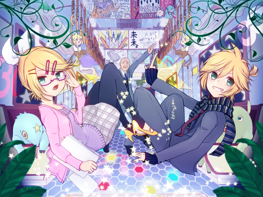 1girl, agi_(kankarado), aqua_eyes, bespectacled, black_legwear, blonde_hair, brother_and_sister, casual
