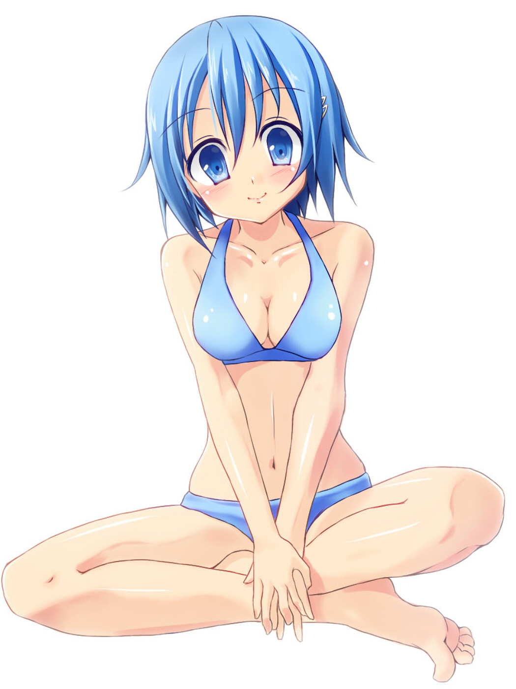 barefoot, bikini, blue_eyes, blue_hair, breasts, collarbone, feet, hair_ornament, hairclip, highres, mahou_shoujo_madoka_magica, miki_sayaka, short_hair, simple_background, smile, solo, swimsuit, white_background, yukiya_(shiya)