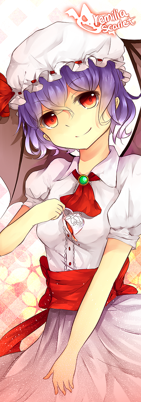 bat_wings, blue_hair, cup, highres, ice-creamcake, red_eyes, remilia_scarlet, short_hair