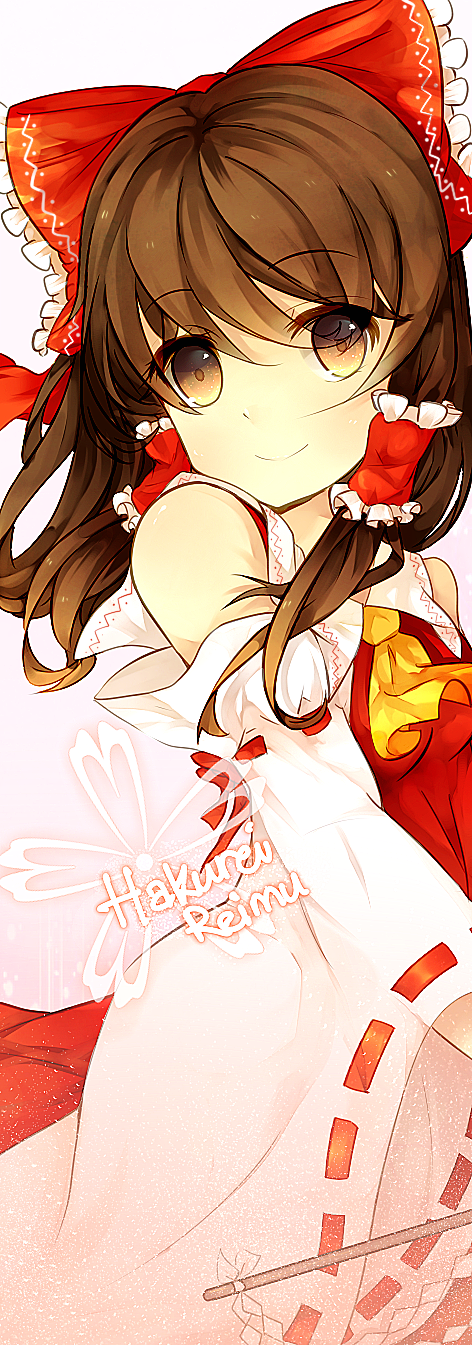 ascot, bare_shoulders, bow, brown_eyes, brown_hair, character_name, detached_sleeves, gohei