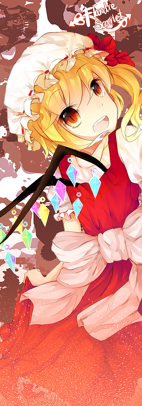 blonde_hair, fang, flandre_scarlet, hat, highres, ice-creamcake, looking_back, open_mouth