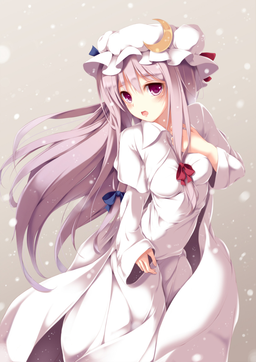 blush, bow, crescent, dress, fal_maro, hair_bow, hand_on_own_chest, hat, highres, lav, long_hair, looking_at_viewer, open_mouth, patchouli_knowledge, perfect_cherry_blossom, purple_eyes, purple_hair, snow, snowing, solo, touhou, violet_eyes