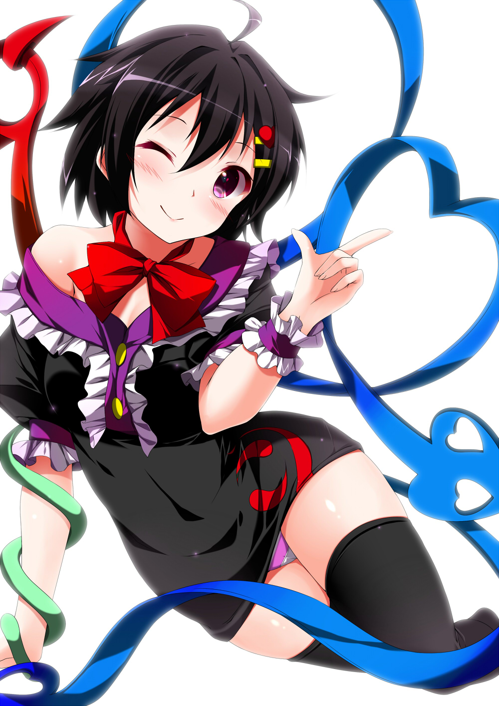ahoge, asymmetrical_wings, bare_shoulders, black_dress, black_hair, black_legwear, blush, dress