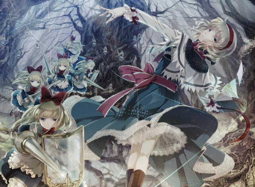 alice_margatroid, bare_tree, blonde_hair, blue_eyes, book, boots, bow, capelet, colored_eyelashes, doll, dress, flying_paper, forest, hair_bow, hakurei_reimu, hands, kneepits, lace, lance, long_hair, looking_at_viewer, magic, miyuki_ruria, nature, open_book, outstretched_arms, paper, parted_lips, petticoat, polearm, puppet_string, puppet_strings, reflection, shanghai, shanghai_doll, shield, short_hair, solo, spread_arms, string, touhou, tree, weapon