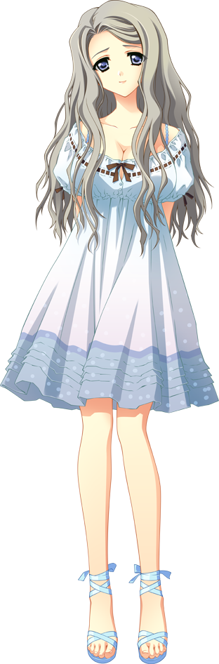 arms_behind_back, blue_eyes, bow, breasts, carnelian, cleavage, dress, grey_hair