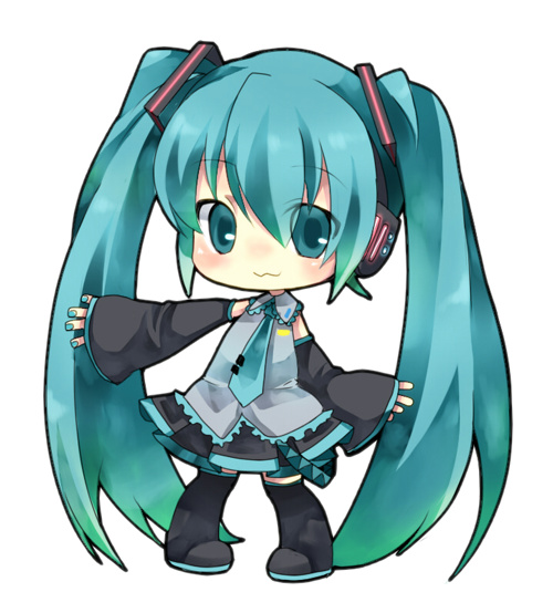 :3, aqua_eyes, aqua_hair, chibi, detached_sleeves, hatsune_miku, long_hair, reira_(r-suoh), simple_background, skirt, smile, solo, twintails, vocaloid