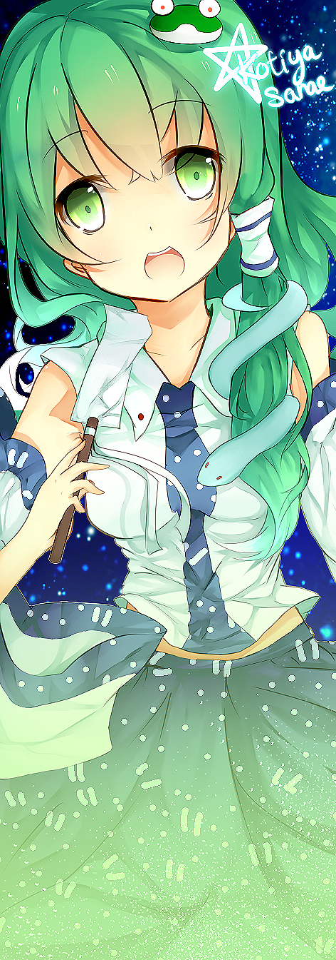 green_eyes, green_hair, hair_ornament, hair_tubes, highres, ice-creamcake, kochiya_sanae, open_mouth