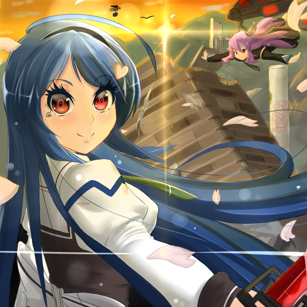ahoge, blue_hair, lens_flare, long_hair, magister, magister_(bigbakunyuu), mitonoya_saki, multiple_girls, petals, purple_hair, red_eyes, school_uniform, shiera_(vanpri), vanguard_princess