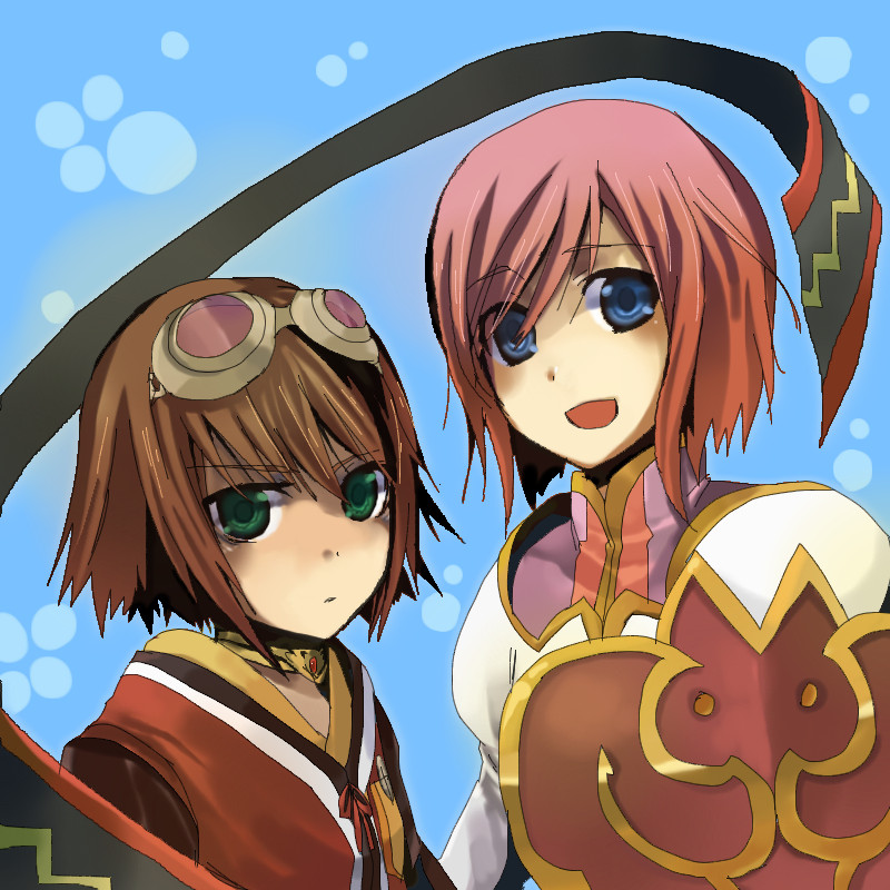 blue_eyes, bob_cut, brown_hair, estellise_sidos_heurassein, goggles, green_eyes, multiple_girls, nobu_(knob)