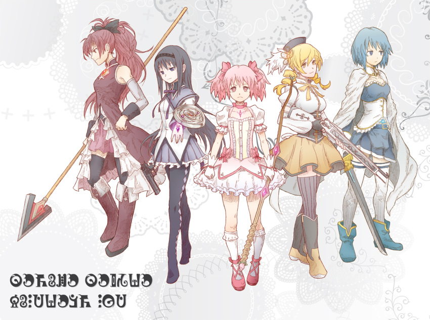 akemi_homura, bare_shoulders, black_gloves, black_hair, black_legwear, blonde_hair, blue_eyes, blue_hair