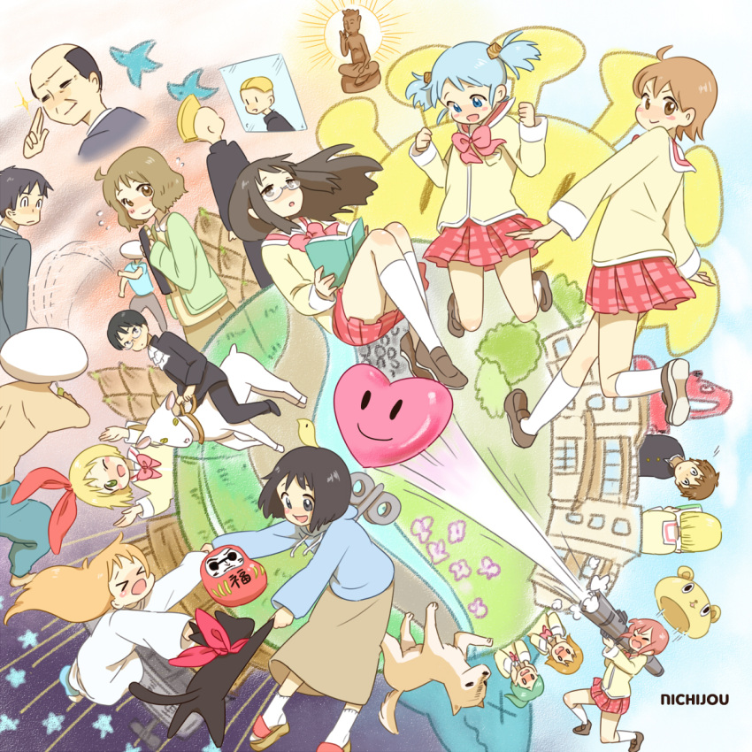 aioi_yuuko, annaka_haruna, bazooka, black_eyes, black_hair, blonde_hair, blue_hair, bow, brown_hair, cat, character_request, child, daiku_kenzaburou, everyone, glasses, goat, green_eyes, hair_bow, hair_cubes, hair_ornament, hakase_(nichijou), heart, highres, labcoat, long_hair, minakami_mai, mohawk, multiple_girls, naganohara_mio, nakanojou_tsuyoshi, nichijou, pink_hair, principal_(nichijou), professor_shinonome, rotte_(nuuum), sakamoto_(nichijou), sakurai_izumi, sasahara_koujirou, school_uniform, sekiguchi_yuria, shinonome_nano, short_hair, skirt, smile, tachibana_misato, takasaki_manabu, twintails, weapon, winding_key, wink