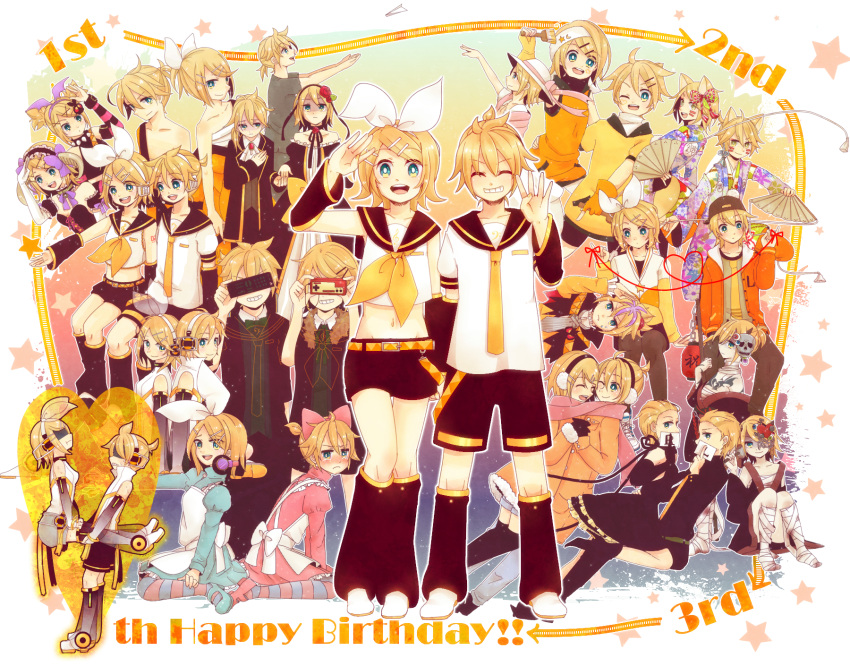 blonde_hair, blue_eyes, brother_and_sister, earmuffs, fan, gekokujou_(vocaloid), hair_ornament, hair_ribbon