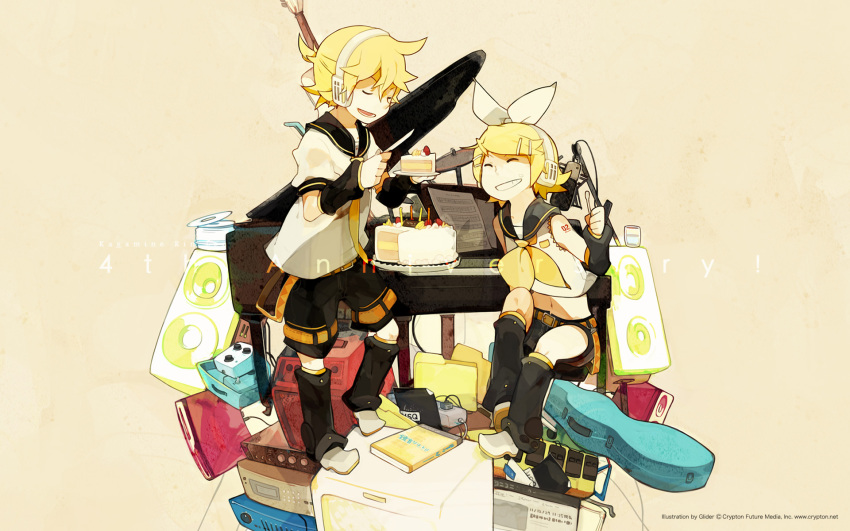 food, glider_(artist), guraida, highres, instrument, kagamine_len, kagamine_rin, microphone
