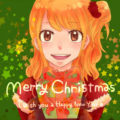 :d, aihysa, blonde_hair, english, fairy_tail, gift, lowres, lucy_heartfilia, merry_christmas, one_side_up, open_mouth, side_ponytail, smile, solo