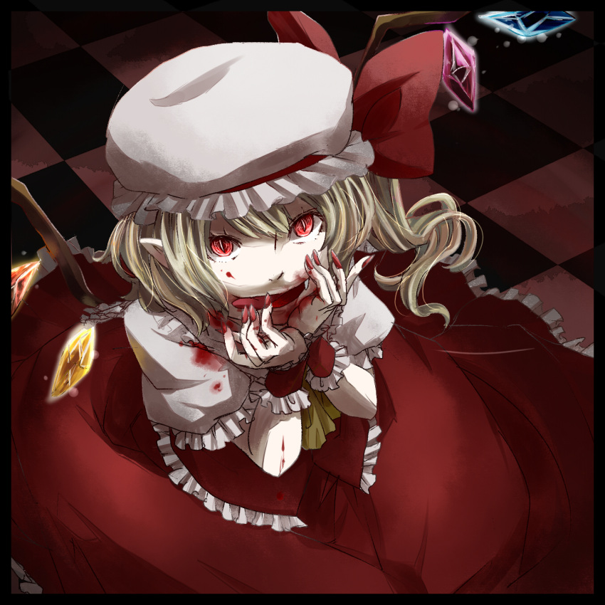 ascot, bad_id, blonde_hair, blood, blush, checkered, checkered_floor, fangs