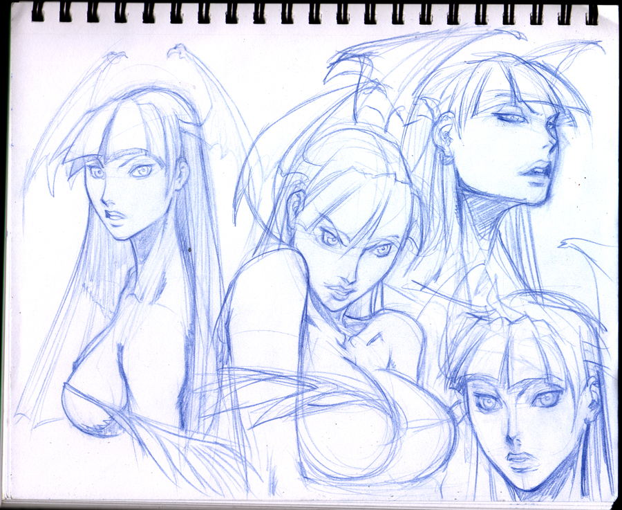 bare_shoulders, bat_wings, breasts, bust, capcom, colored_pencil_(medium), darkstalkers, demon_girl