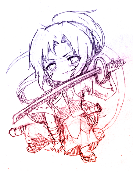 chibi, gradient, graphite_(medium), katana, meira, ponytail, samurai, solo, sword, touhou, touhou_(pc-98), traditional_media, weapon, yamisawa