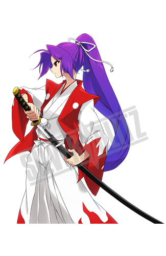 hakama, japanese_clothes, kataginu, katana, kimono, long_hair, lowres, meira, ponytail, profile, purple_hair, samurai, serious, solo, soumendaze, sword, touhou, touhou_(pc-98), watermark, weapon