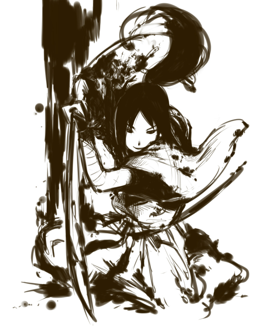 highres, meira, monochrome, ponytail, samurai, solo, sword, takahasi_yoshiyuki, touhou, touhou_(pc-98), weapon