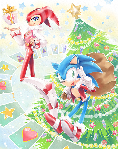 alternate_outfit, belt, blue_eyes, christmas_nights_into_dreams, christmas_tree, floating, green_eyes, jester