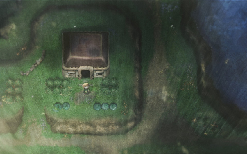 blonde_hair, bush, chibi, dark, fence, flower, from_above, grass, highres, house, link, looking_up, male, orioto, path, rain, road, the_legend_of_zelda, water, world_map