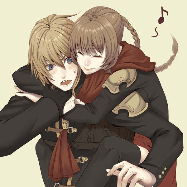 braid, brown_hair, cinque_(fft-0), final_fantasy, final_fantasy_type-0, fujimaru, fujimaru_(green_sparrow), hug