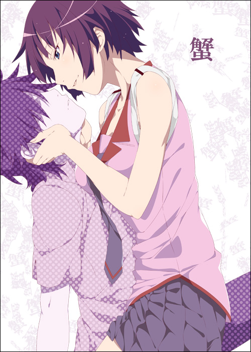 1girl, alternate_hair_length, alternate_hairstyle, araragi_koyomi, bakemonogatari, blue_eyes, couple, hands_on_another's_cheeks, hands_on_another's_cheeks, hands_on_another's_face, incipient_kiss, mizuki_makoto, monogatari_(series), necktie, nisemonogatari, no_eyes, purple_hair, school_uniform, senjougahara_hitagi, short_hair, skirt