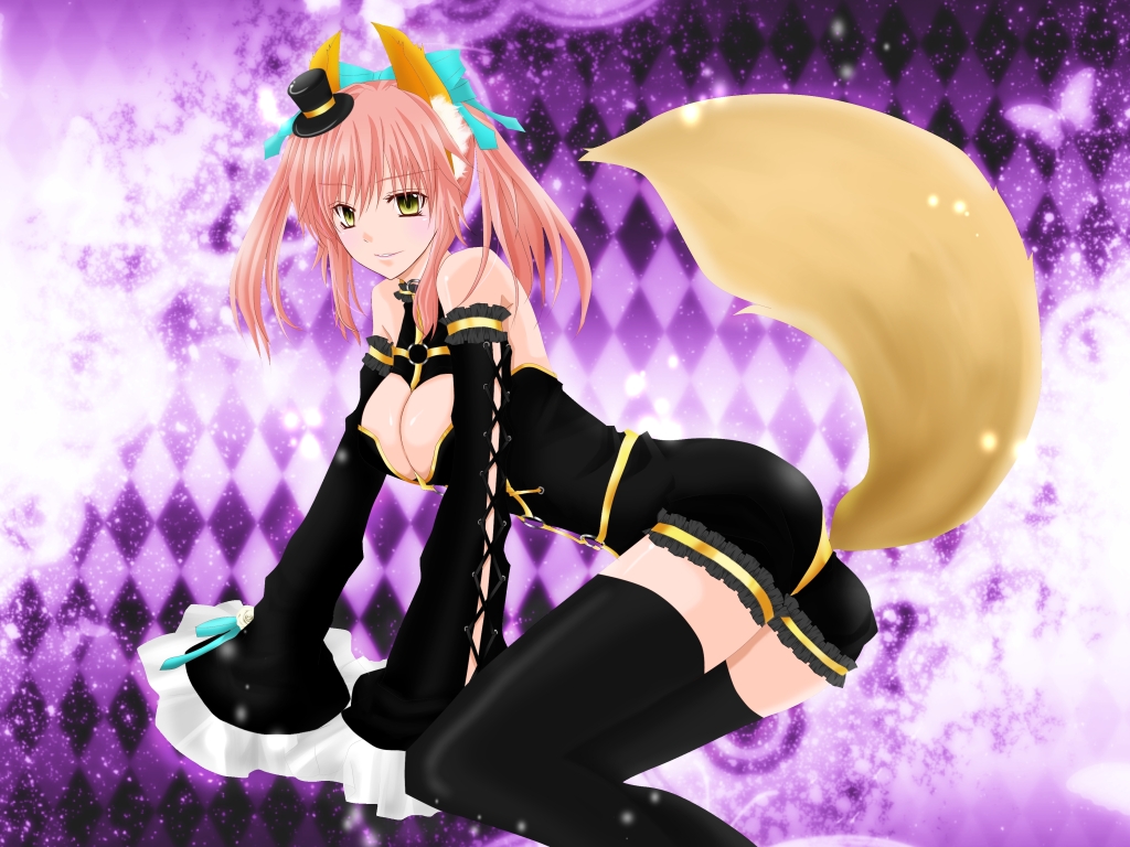 animal_ears, black_legwear, breasts, caster_(fate/extra), center_opening, cleavage, detached_sleeves, fate/extra