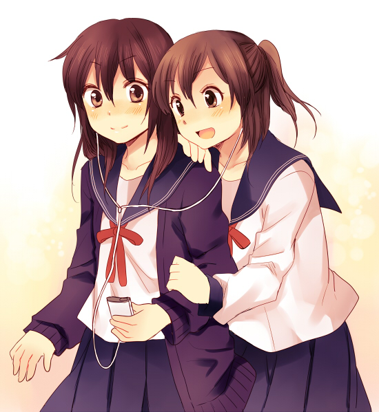 :d, blush, brown_eyes, brown_hair, cardigan, copyright_request, digital_media_player, earbuds
