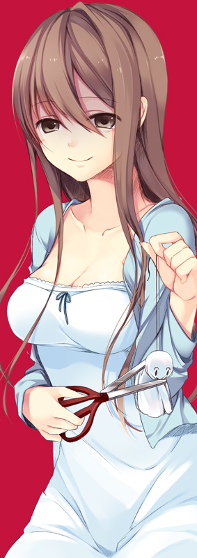 brown_eyes, brown_hair, cleavage, dress, itou_nanami, long_hair, original, scissors