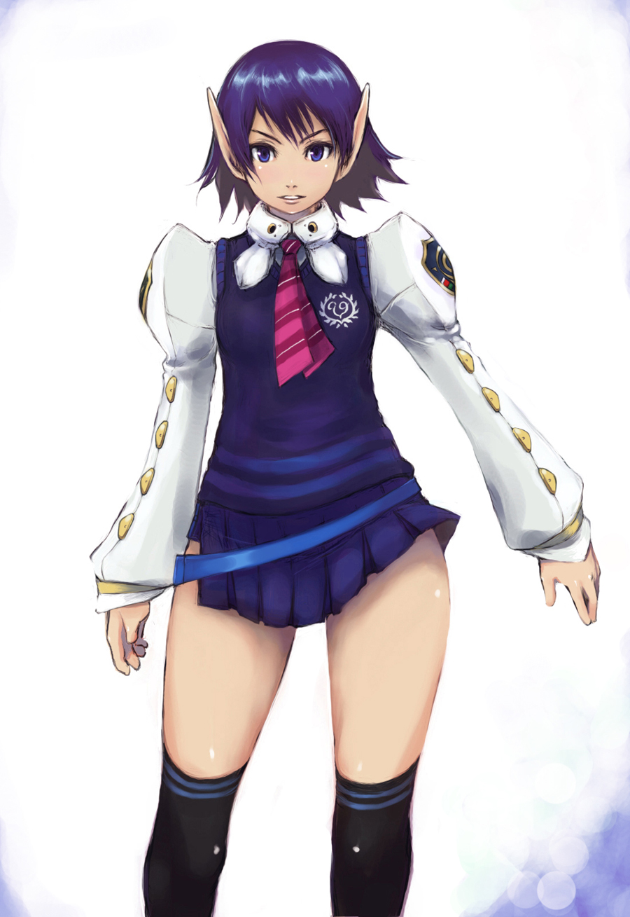 alternate_costume, belt, blue_eyes, highres, johan_(johan13), karen_erra, kneehighs, legs, miniskirt, necktie, phantasy_star, phantasy_star_portable_2_infinity, phantasy_star_universe, pleated_skirt, pointy_ears, purple_hair, short_hair, skirt, solo, thigh-highs, thighhighs, thighs