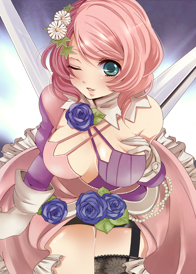 alisa_boskonovich, artist_request, bike_shorts, blue_eyes, blue_rose, breast_press, breasts, cleavage
